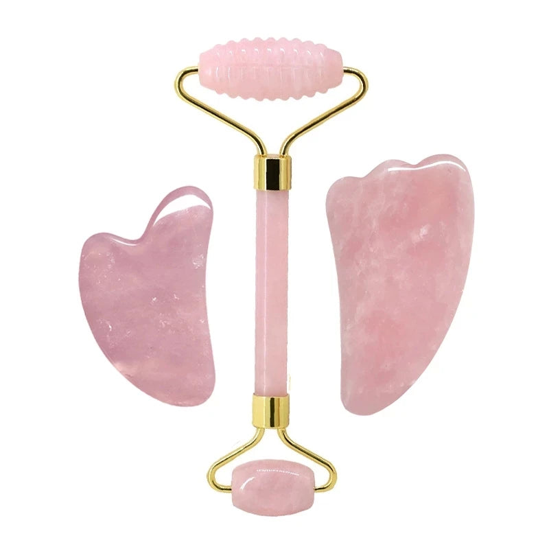 Rose Quartz Face Jade Roller Massagers Guasha Set Gua Sha Tools Natural Stone Gouache Scraper for Facial Massage Beauty Tool